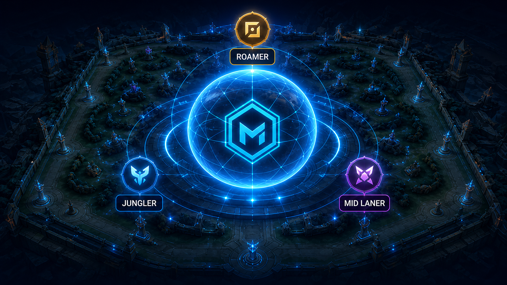 Mapa táctico holográfico con roles de Mobile Legends